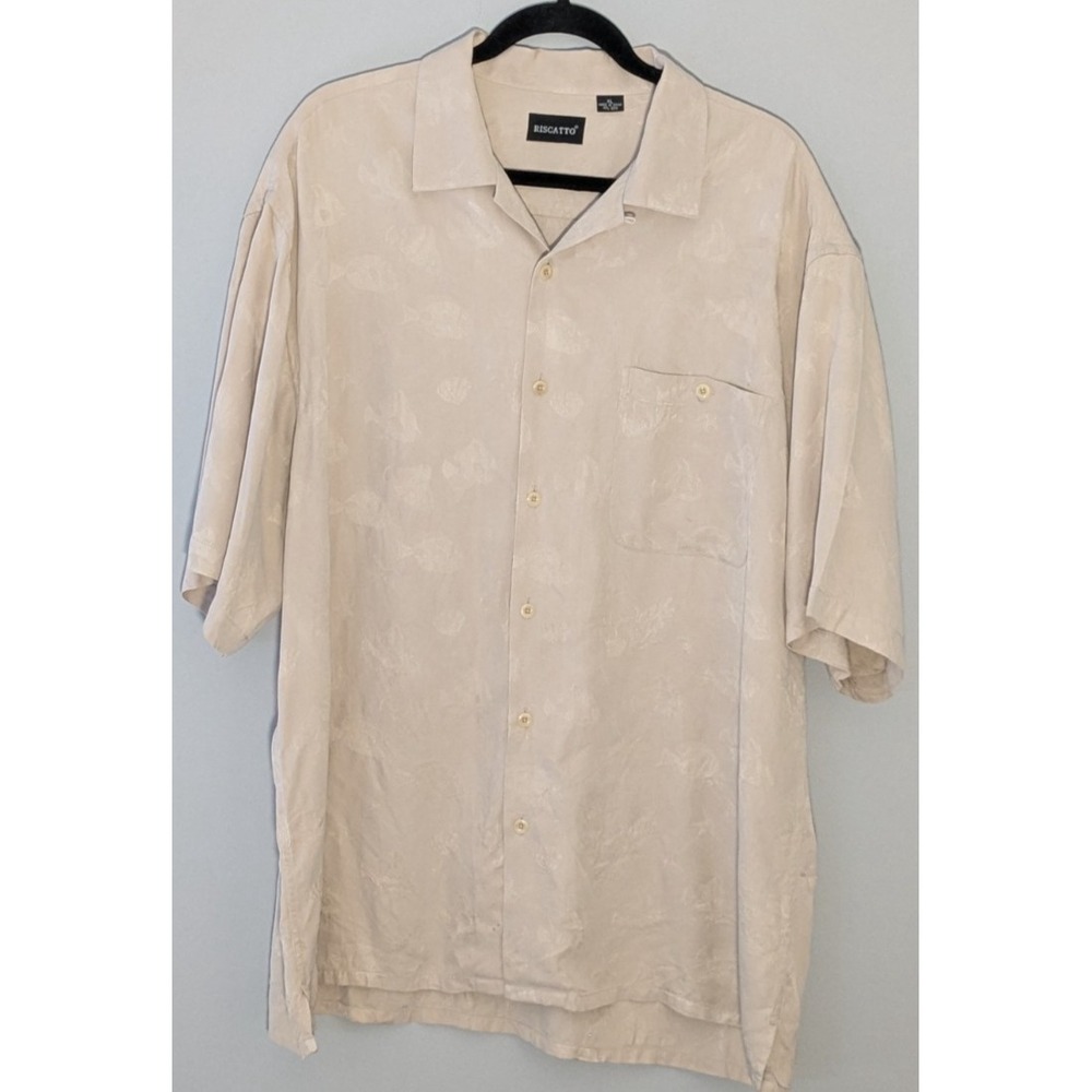 RISCATTO Cream/Beige Silk Hawaiian Shirt Subtle Tonal Fish Jacquard Textured XL